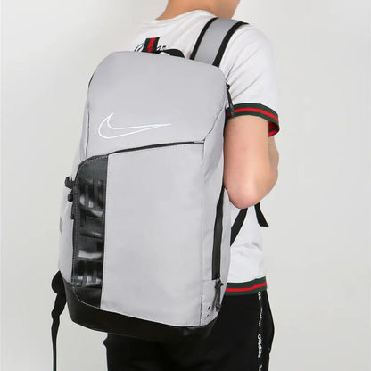 Gray and black Nike Elite Pro basketball backpack with structured design, padded shoulder straps, and multiple compartments
