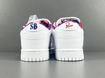 Nike SB Dunk Low Parra white sneaker with pink blue green abstract overlays limited edition skate shoe