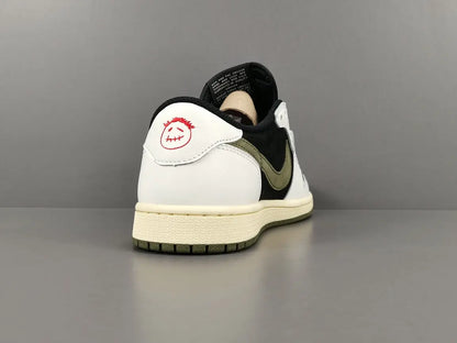"Jordan 1 Low x Travis Scott Olive with olive suede, black leather overlays, reverse Swoosh, and Cactus Jack branding."