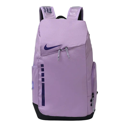 A light purple Nike backpack with black accents on the base, shoulder straps, and trim, featuring a dark purple Nike swoosh logo on the front.
