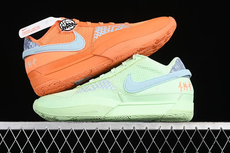 nike ja 1 x mismatched basketball shoes side view with contrasting unique colorway design