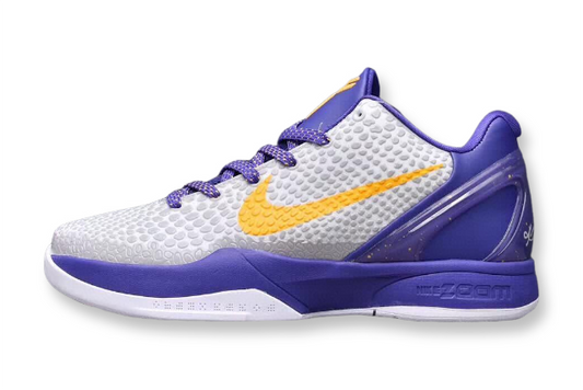 Nike Kobe 6 Lakers Home basketball shoes in purple and gold team colors
