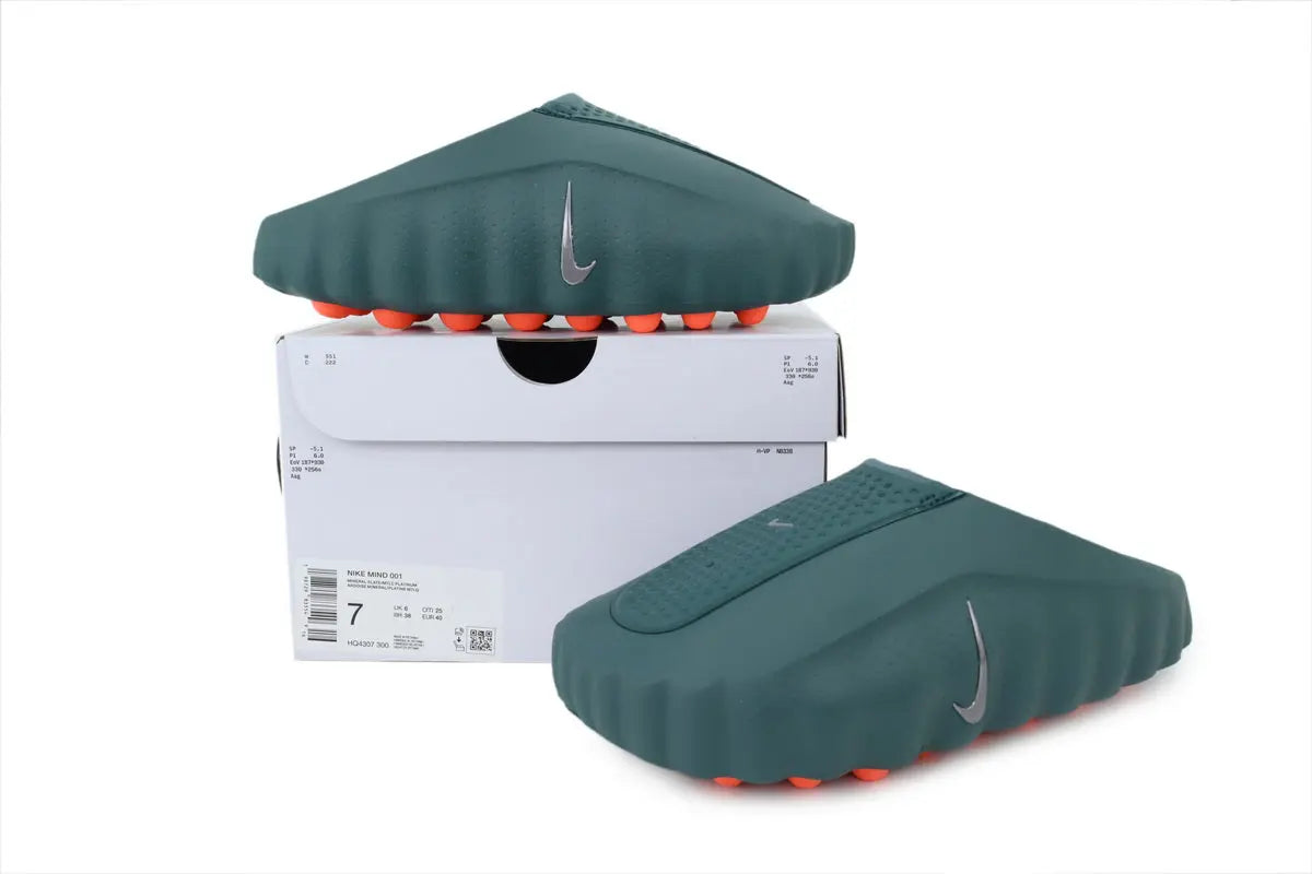 Pair of Nike Mind 001 Slide x Mineral Slate on white background, comfortable everyday recovery slides