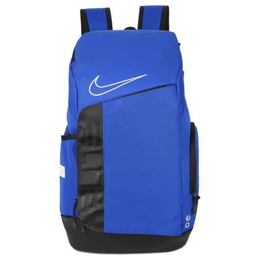Blue and black Nike Elite Pro basketball backpack with padded straps and multiple compartments
