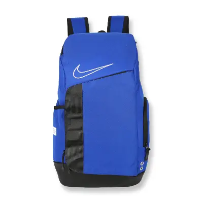 Blue and black Nike Elite Pro basketball backpack with padded straps and multiple compartments
