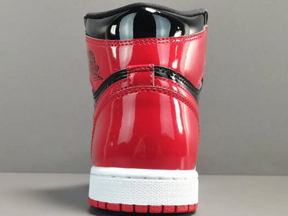 Jordan 1 Retro High Patent Bred black red patent leather sneaker
