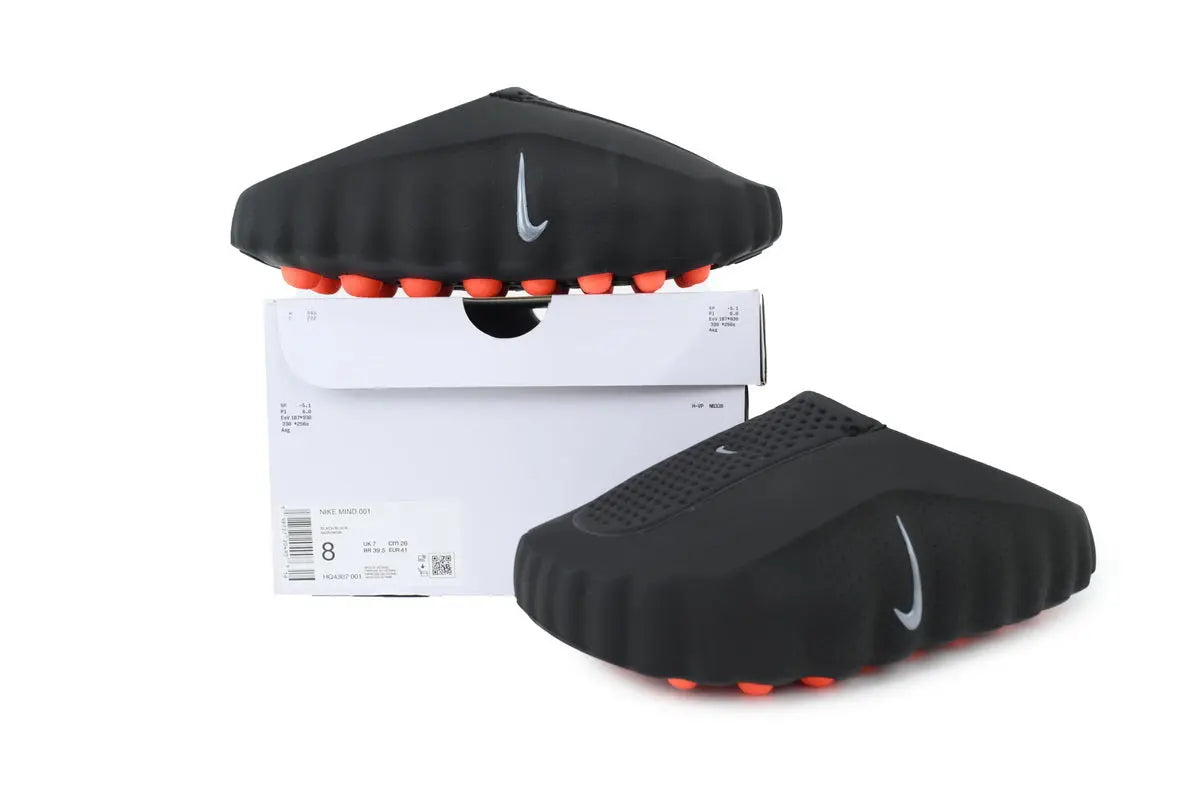 Nike Mind 001 Slide Black Chrome detail premium materials chrome accents cushioned strap lightweight Nike slides