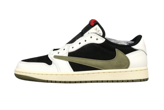 "Jordan 1 Low x Travis Scott Olive with olive suede, black leather overlays, reverse Swoosh, and Cactus Jack branding."