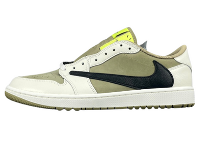 "Air Jordan 1 Low Golf x Travis Scott 'Neutral Olive' sneakers featuring olive nubuck base, off-white leather overlays, black reverse Swoosh, and Cactus Jack branding." citeturn0search0 