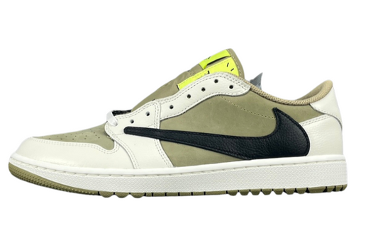 "Air Jordan 1 Low Golf x Travis Scott 'Neutral Olive' sneakers featuring olive nubuck base, off-white leather overlays, black reverse Swoosh, and Cactus Jack branding." citeturn0search0 