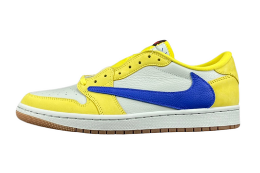 "Jordan 1 Low OG x Canary – low-top sneaker with premium leather upper, bright yellow and white colorway, and classic retro design."