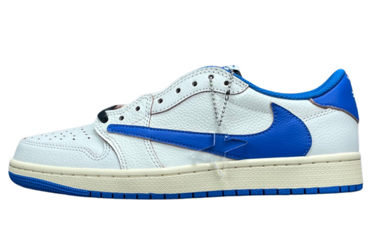 Air Jordan 1 Low OG x Travis Scott x Fragment with a white, black, and blue design, reverse Swoosh, and co-branded heel logos.