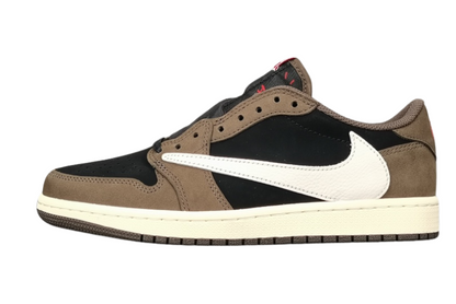 "Air Jordan 1 Low OG SP x Travis Scott sneakers featuring signature reverse Swoosh, premium materials, and Cactus Jack branding." 