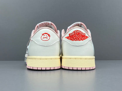 Jordan 1 Low x Travis Scott Shy Pink sneakers with reversed Swoosh design
