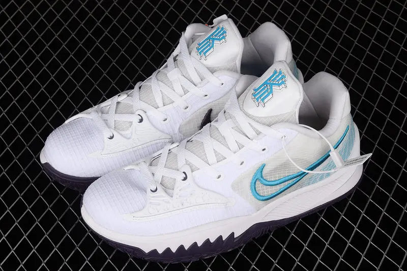 Nike Kyrie 4 Low White Laser Blue basketball shoes – low-top sneakers with crisp white and laser blue accents, Zoom Air cushioning, and court performance