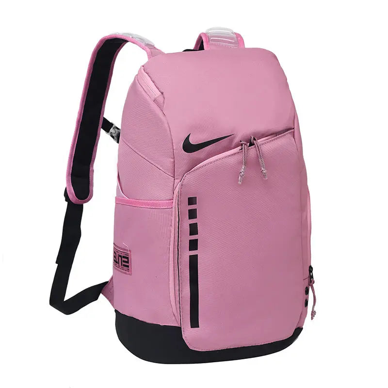 A pink Nike backpack with black accents, including a black swoosh logo, black vertical stripes on the front pocket, and a black bottom base. The backpack is shown from a three-quarter angle against a plain white background.