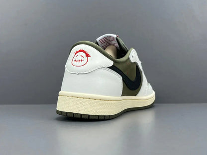 "Jordan 1 Low x Travis Scott Medium Olive sneakers with olive suede, black overlays, and reverse Swoosh."