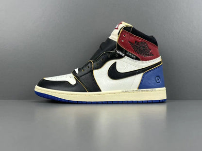 Air Jordan 1 High OG Fragment Union LA side view white navy leather sneaker