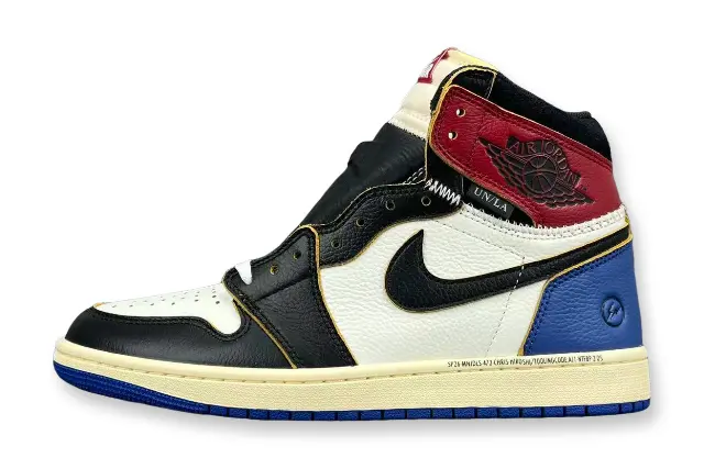 Air Jordan 1 High OG Fragment Union LA side view white navy leather sneaker