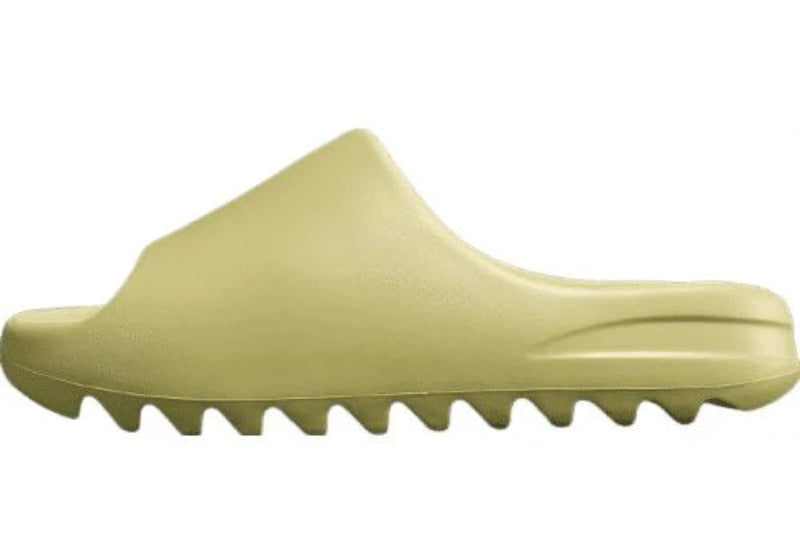 "adidas Yeezy Slide x Resin – earthy green slide with soft EVA foam, minimalist design, and ridged outsole for comfort and traction."