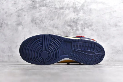 Nike Dunk Off White University Gold navy low top sneaker side view
