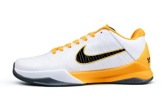 Nike Zoom Kobe 5 White Del Sol basketball sneakers in white with black overlays and vibrant Del Sol yellow accents – low-top performance shoe, style 386429-104