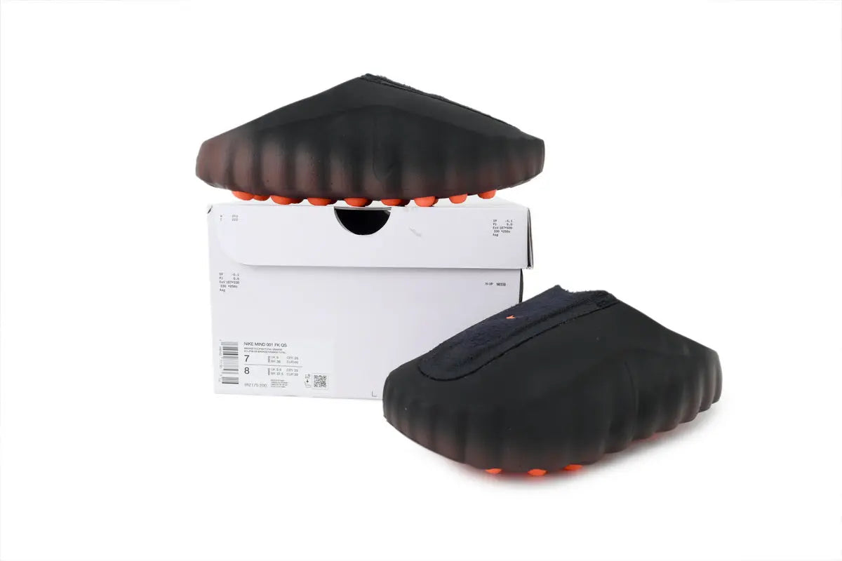 Nike Mind 001 FlyKnit Slide Bronze Eclipse Total Orange top view FlyKnit strap footbed layout