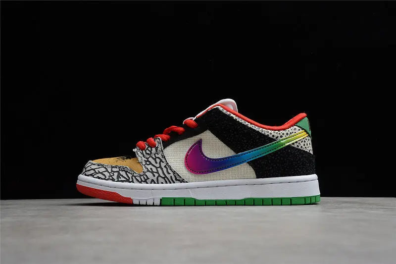 Nike SB Dunk Low What The Paul colorful patchwork upper with Nike Swoosh lateral view on white background