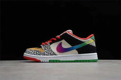 Nike SB Dunk Low What The Paul colorful patchwork upper with Nike Swoosh lateral view on white background