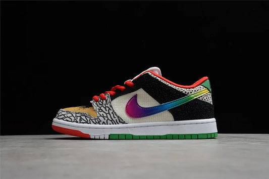 Nike SB Dunk Low What The Paul colorful patchwork upper with Nike Swoosh lateral view on white background