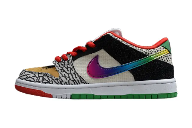 Nike SB Dunk Low What The Paul colorful patchwork upper with Nike Swoosh lateral view on white background