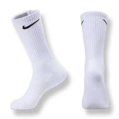 White Nike cotton crew socks featuring a soft knit texture, ribbed cuffs for a secure fit, and the signature black Nike swoosh logo near the top.