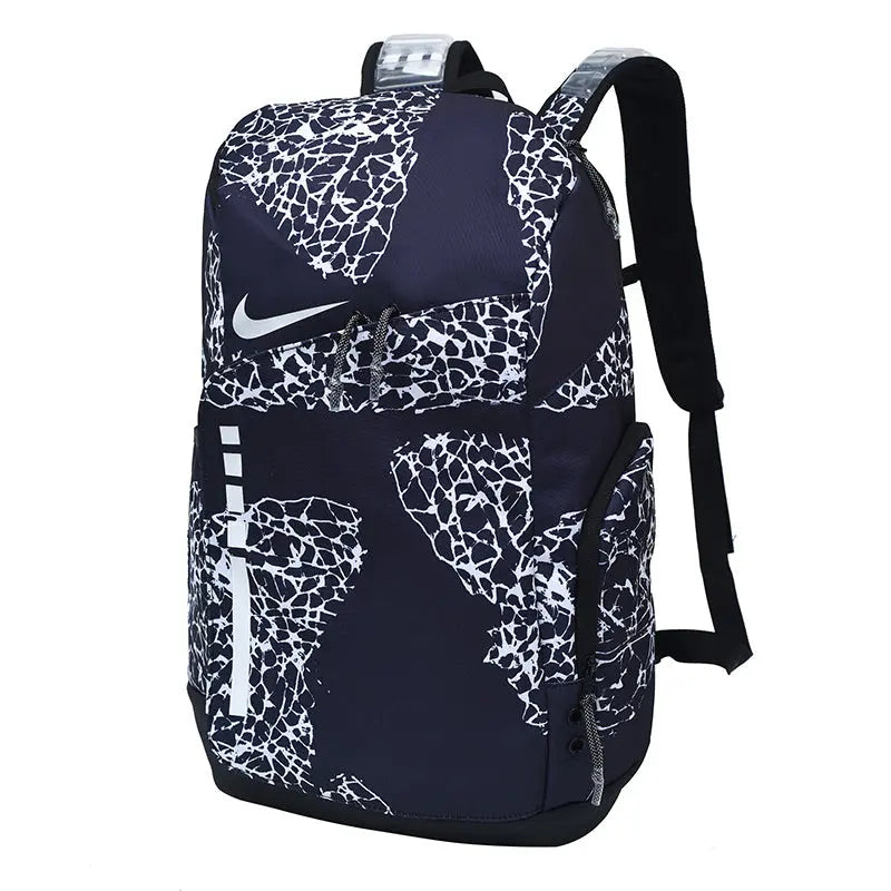 A Nike backpack in navy blue with a white crackle pattern, featuring a white Nike swoosh logo on the front.