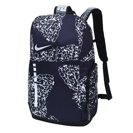 A Nike backpack in navy blue with a white crackle pattern, featuring a white Nike swoosh logo on the front.
