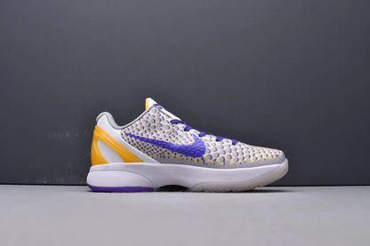 Purple and gold Kobe 6 sneakers with 3D Lakers logo design