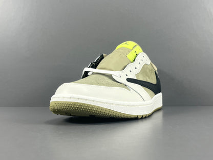 "Air Jordan 1 Low Golf x Travis Scott 'Neutral Olive' sneakers featuring olive nubuck base, off-white leather overlays, black reverse Swoosh, and Cactus Jack branding." citeturn0search0 