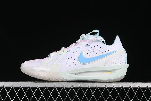 Nike Air Zoom GT Cut 3 White Aquarius Blue basketball shoes front view performance sneakers