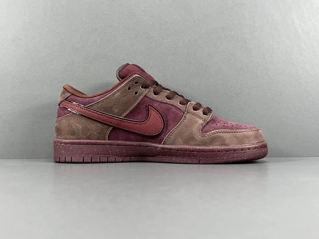 Nike SB Dunk City of Love Burgundy Crush sneakers side view premium burgundy suede