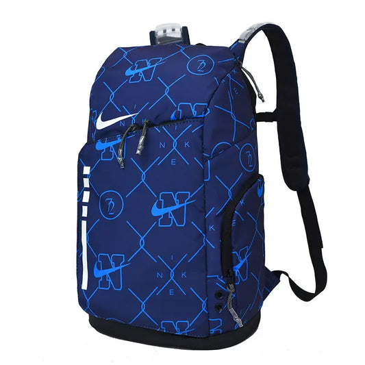 A Nike backpack in navy blue with a bright blue chain-link pattern and white swoosh logos, shown on a plain white background.