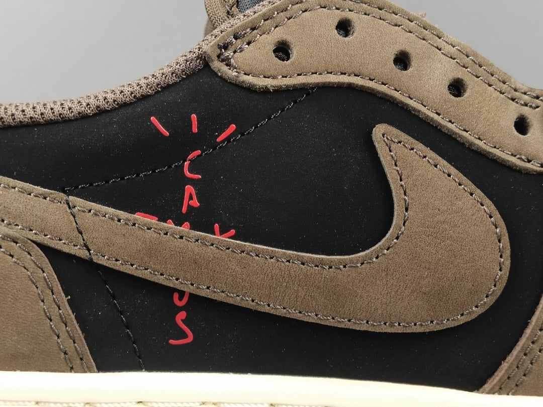 "Air Jordan 1 Low OG SP x Travis Scott sneakers featuring signature reverse Swoosh, premium materials, and Cactus Jack branding." 
