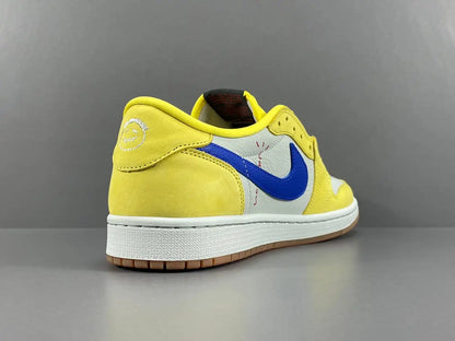 "Jordan 1 Low OG x Canary – low-top sneaker with premium leather upper, bright yellow and white colorway, and classic retro design."