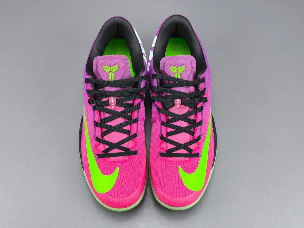 Nike Kobe 8 Protro Mambacurial side view showing large Electric Green Swoosh and pink-to-purple gradient upper