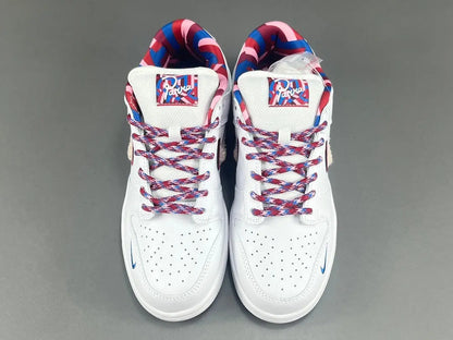Nike SB Dunk Low Parra white sneaker with pink blue green abstract overlays limited edition skate shoe