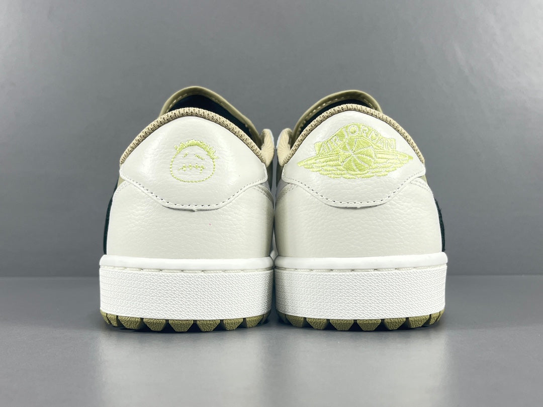 "Air Jordan 1 Low Golf x Travis Scott 'Neutral Olive' sneakers featuring olive nubuck base, off-white leather overlays, black reverse Swoosh, and Cactus Jack branding." citeturn0search0 
