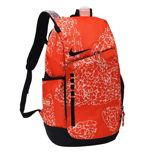 Orange backpack with white patterns and black accents on a white background