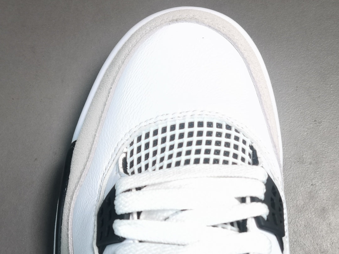Air Jordan 4 Military Black sneakers with white leather and black accents, retro basketball shoes