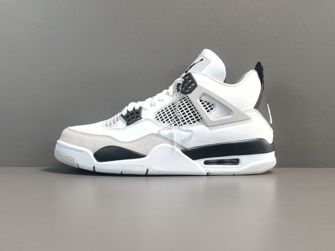 Air Jordan 4 Military Black sneakers with white leather and black accents, retro basketball shoes