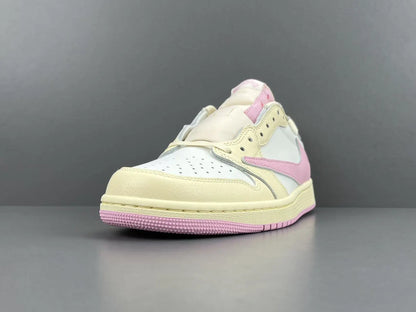 Jordan 1 Low Travis Scott Muslin Shy Pink sneakers with reverse Swoosh

