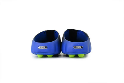 Nike Mind 001 FlyKnit Slide Hyper Royal Black heel view Nike branding detail