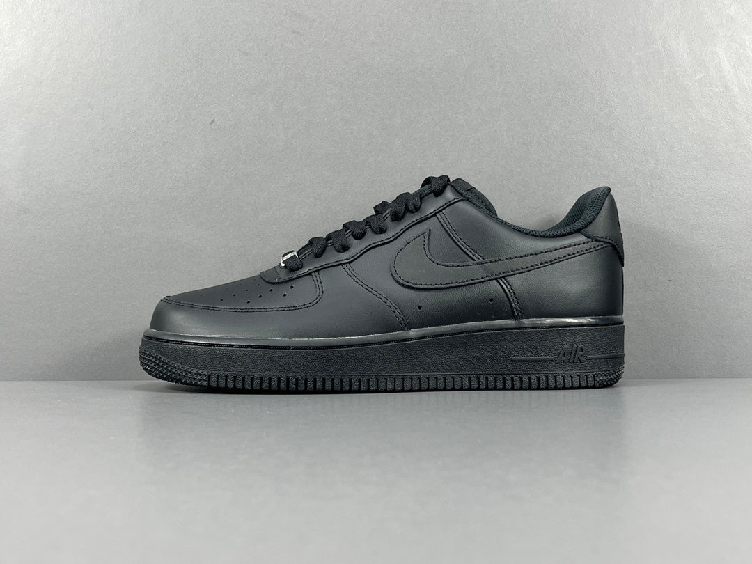 Nike Air Force 1 Black with classic silhouette, smooth leather upper, and all-black finish